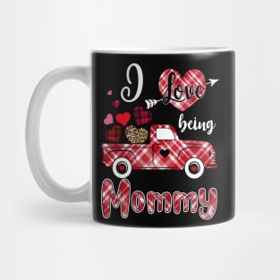 I Love Being Mommy Red Plaid Truck Heart Valentines Day Mug